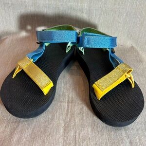 TEVA Sz 7  Universal Velcro Closure Yellow Blue Green Block Colour Sandals NWOT